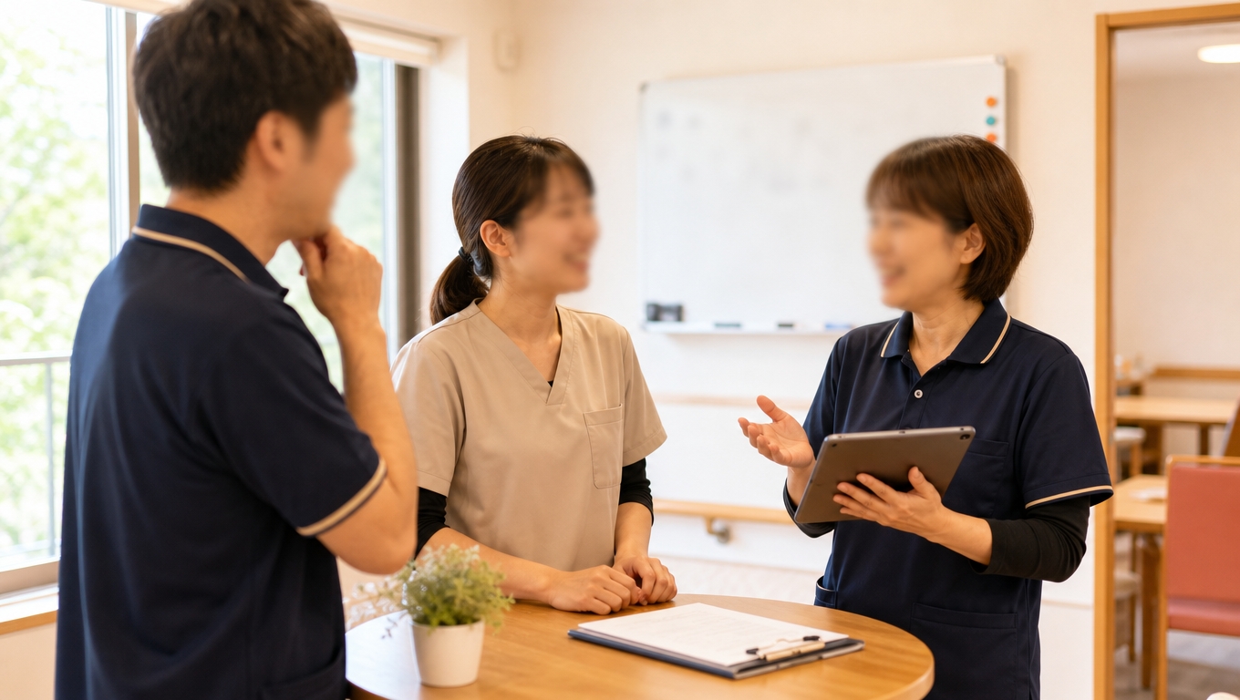 施設の一角で、3人の職員がタブレットを囲んで立ち話のように新しい道具の使い方を学んでいる